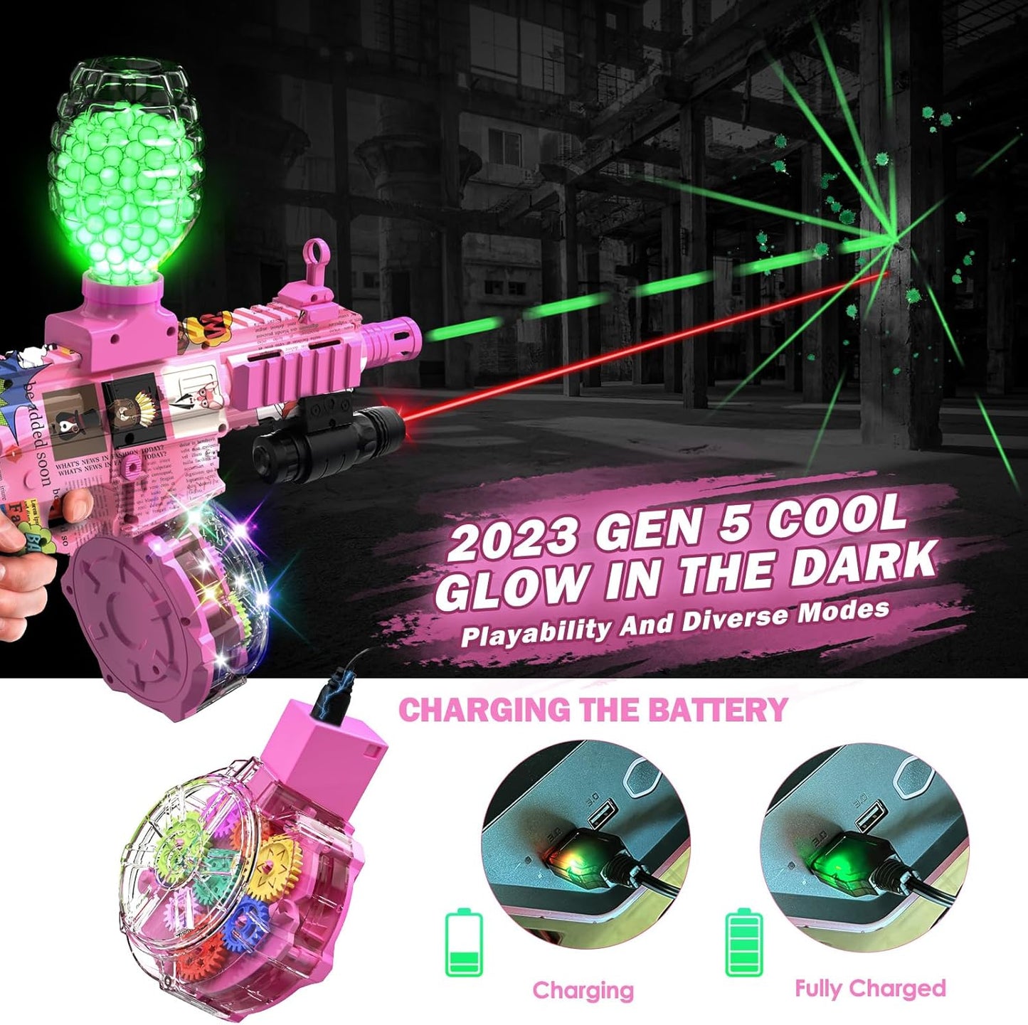 Anstoy Electric Gel Ball Blaster, Automatic Splat Gun Glowing in Dark with Glasses,Up to 166 FPS Orby Gun for Christmas Party,Gifts for Adults Ages 14+(Pink)