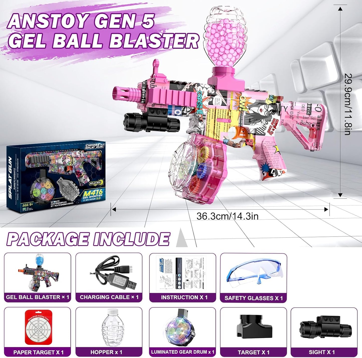 Anstoy Electric Gel Ball Blaster, Automatic Splat Gun Glowing in Dark with Glasses,Up to 166 FPS Orby Gun for Christmas Party,Gifts for Adults Ages 14+(Pink)